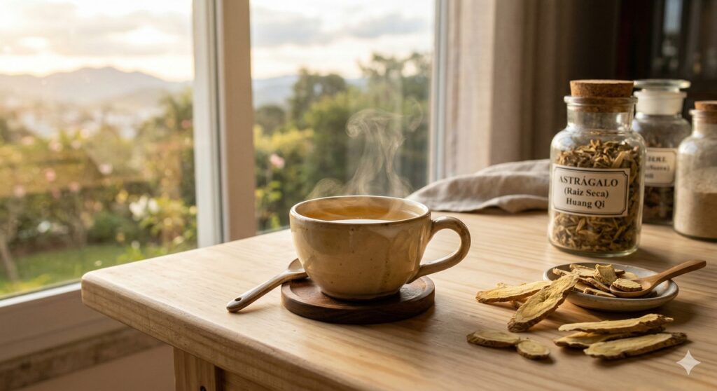 Xícara de chá e raiz de astrágalo em cena que remete ao uso matinal da planta.