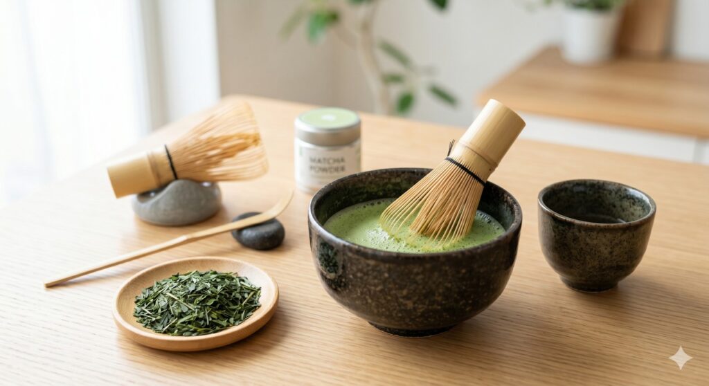 Preparação de matcha em cena que remete ao consumo gradual e ao apoio contra a inflamação.