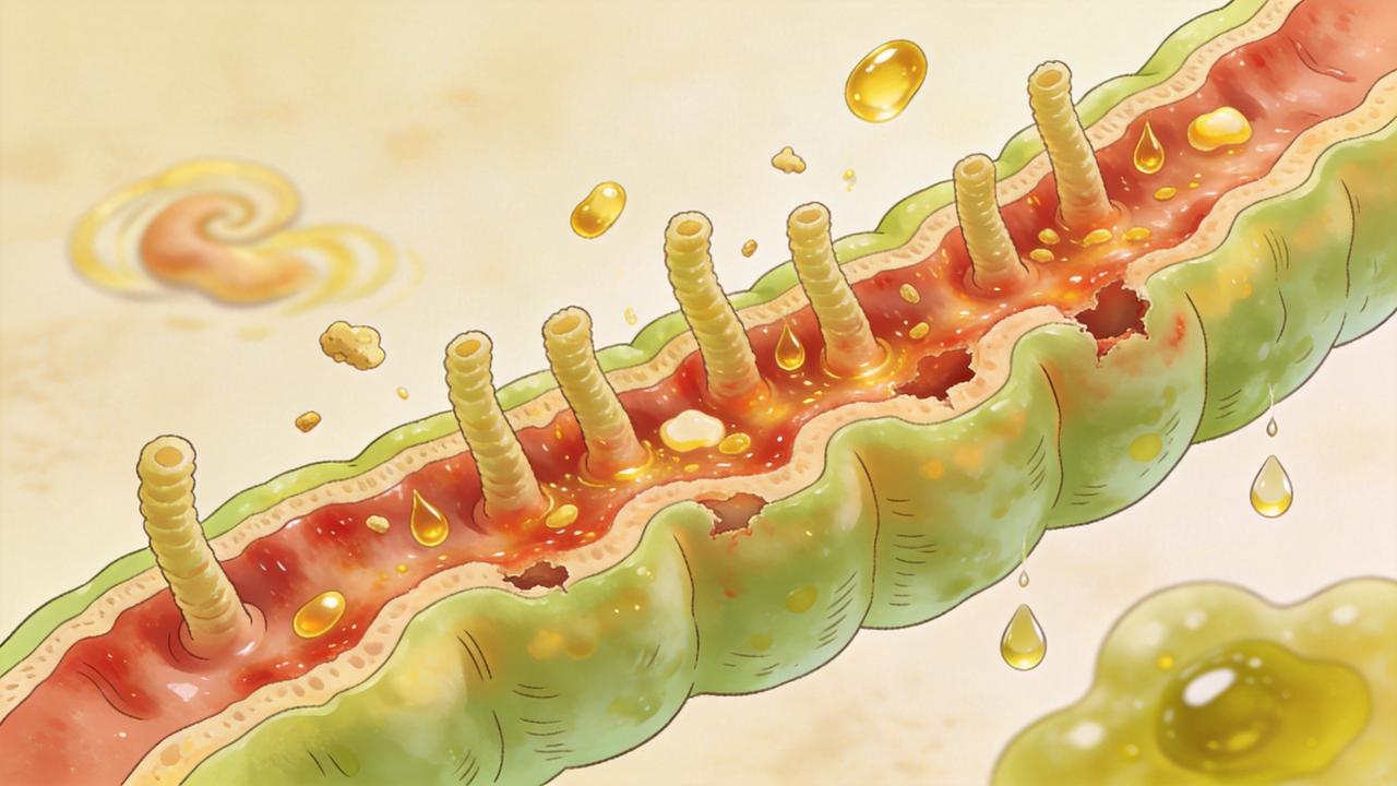 Inflamação intestinal pode reduzir a absorção de gorduras e vitamina D.