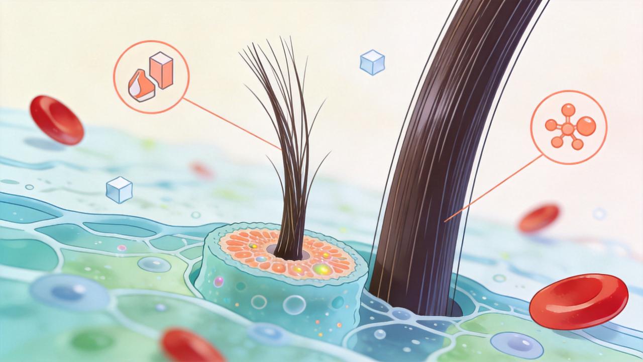 Folículo capilar enfraquecido perde suporte quando faltam ferro e zinco.