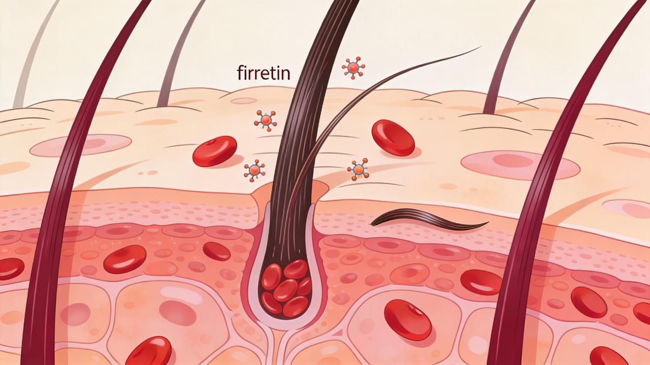 Ferritina baixa afeta o folículo e favorece queda capilar difusa.