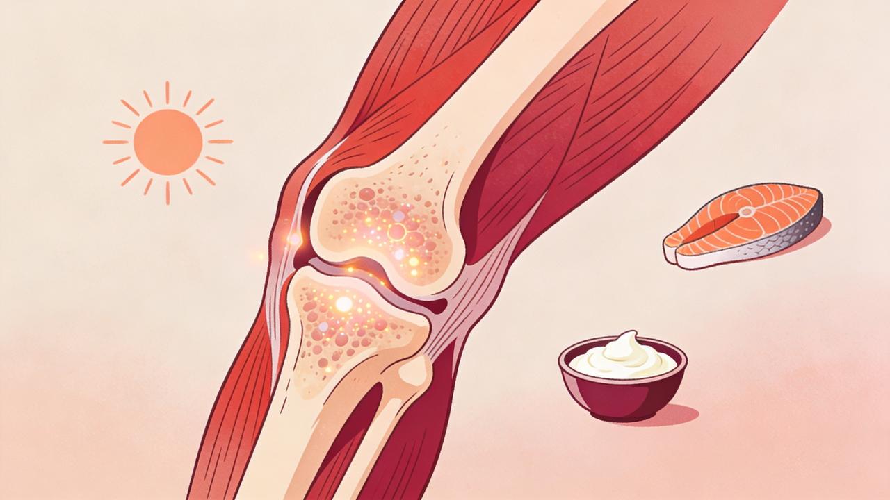 Cálcio, vitamina D e proteína atuam juntos na saúde óssea.