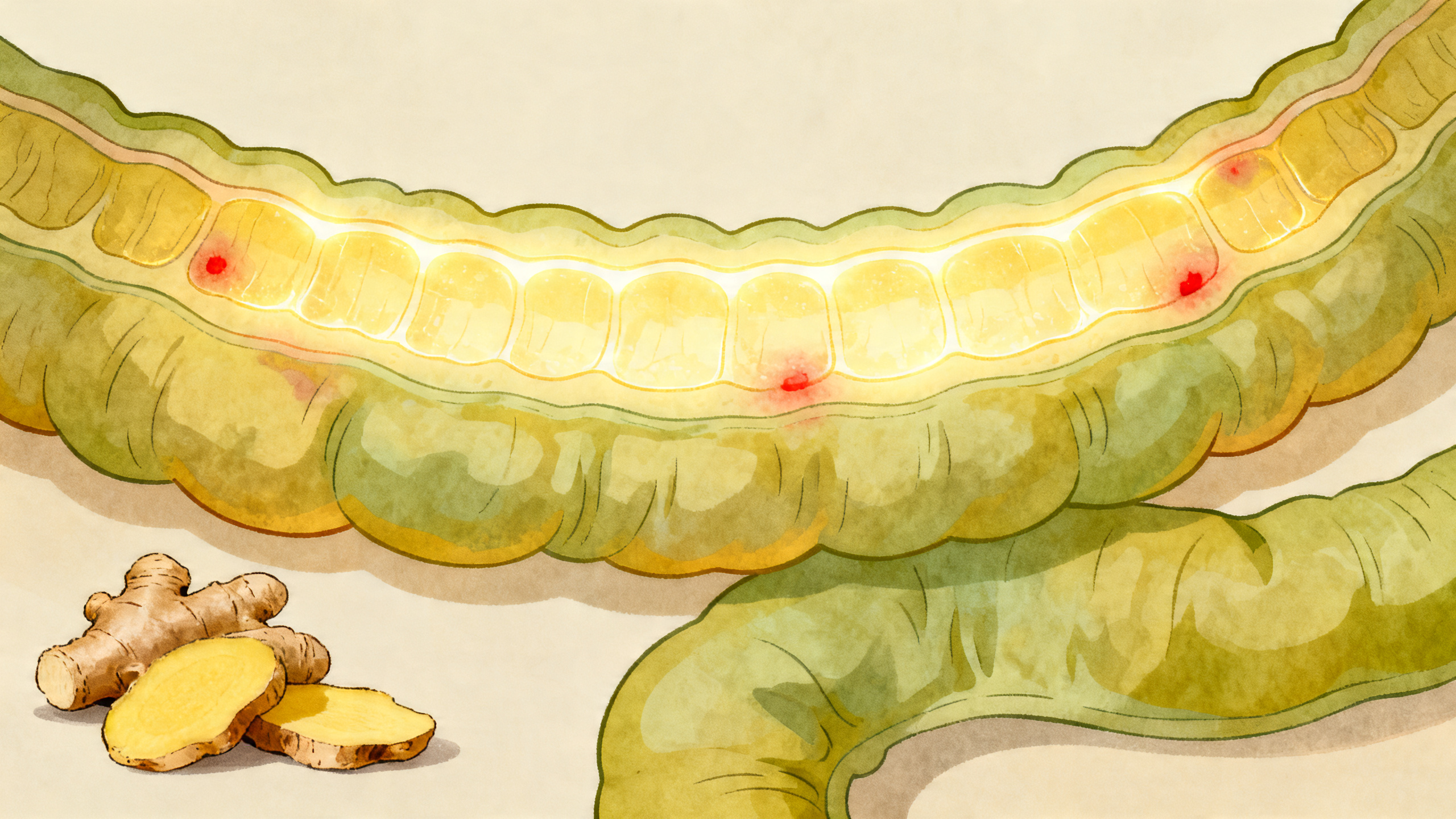 Ilustração da barreira intestinal e do possível efeito anti-inflamatório do gengibre.