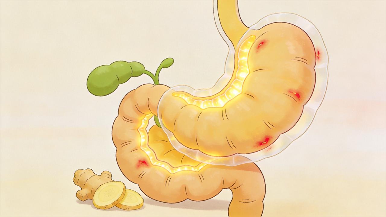 Ilustração destaca a relação entre gengibre, intestino e inflamação de baixo grau.