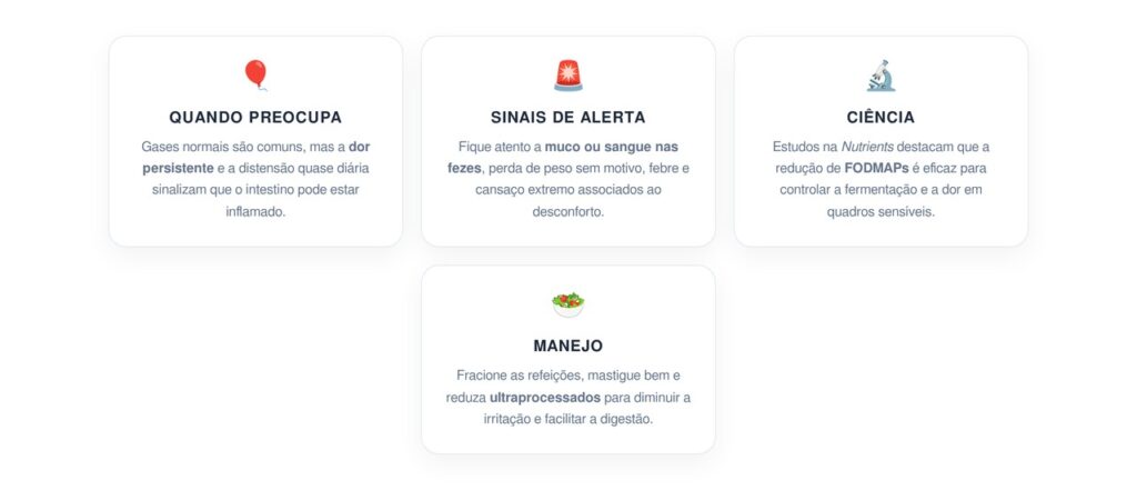 Gases frequentes e dor ao longo do tempo podem indicar inflamação intestinal