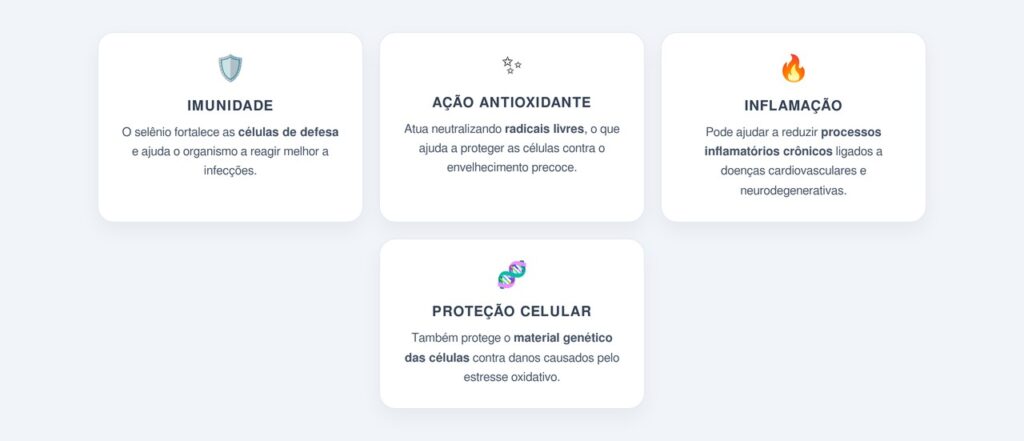 Quais são os benefícios do selênio para a imunidade e a proteção celular?