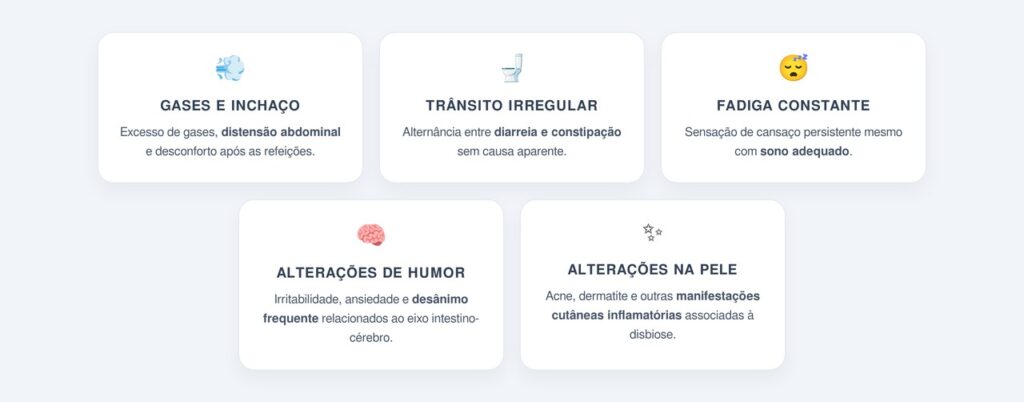 Quais são os sintomas mais comuns da disbiose?
