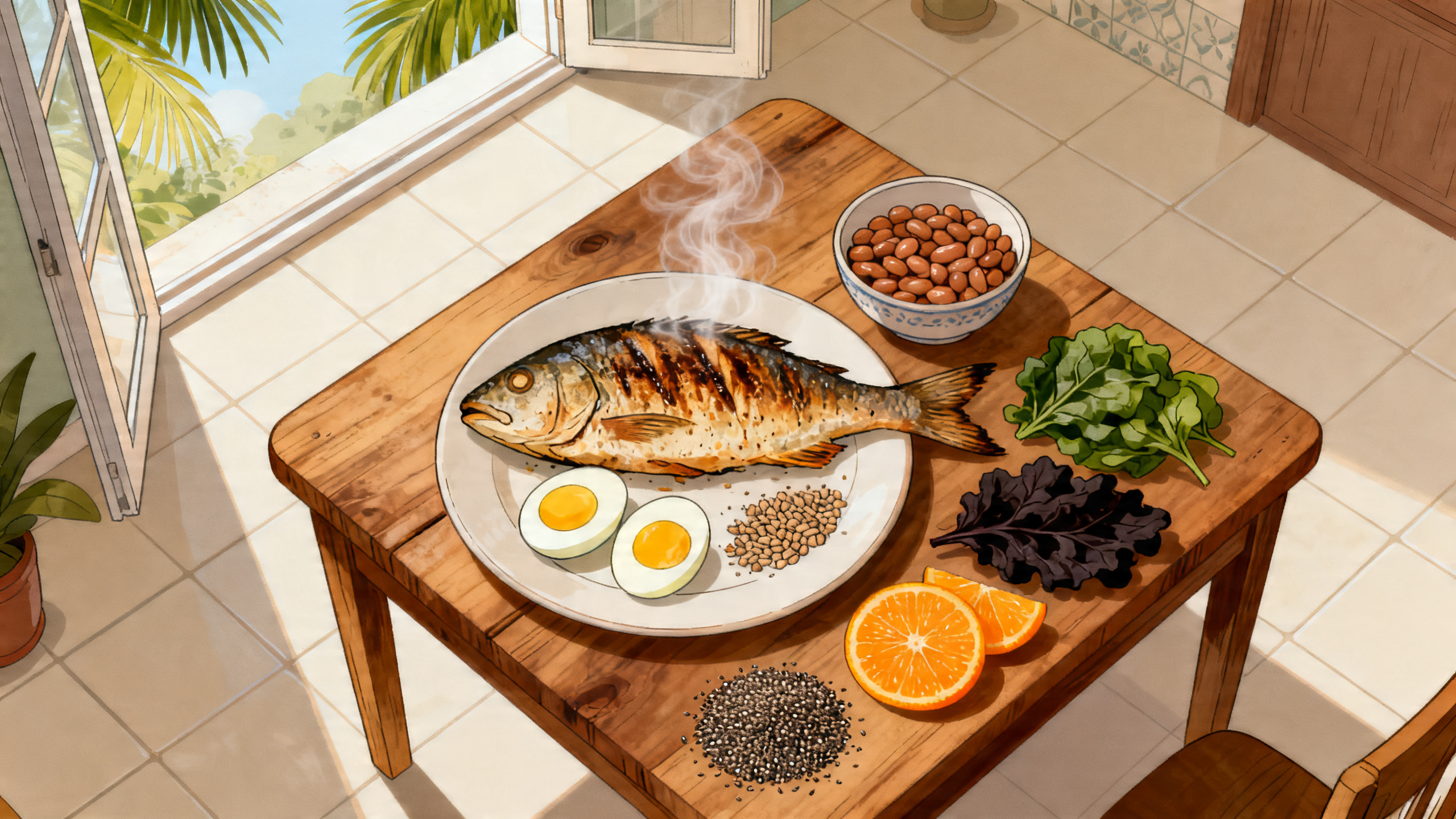 Ovos, peixes, feijão e verduras apoiam a recuperação hepática.