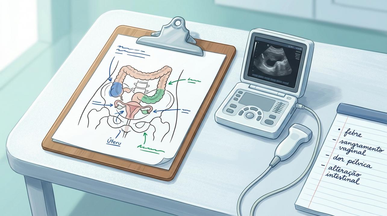 Ultrassom e sintomas associados ajudam a diferenciar causas intestinais e ginecológicas.