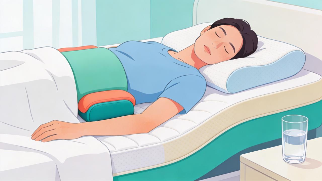 Apoio sob os joelhos pode aliviar a tensão lombar ao dormir.