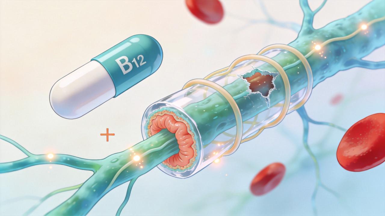 Vitamina B12 participa da mielina e da condução adequada dos nervos.
