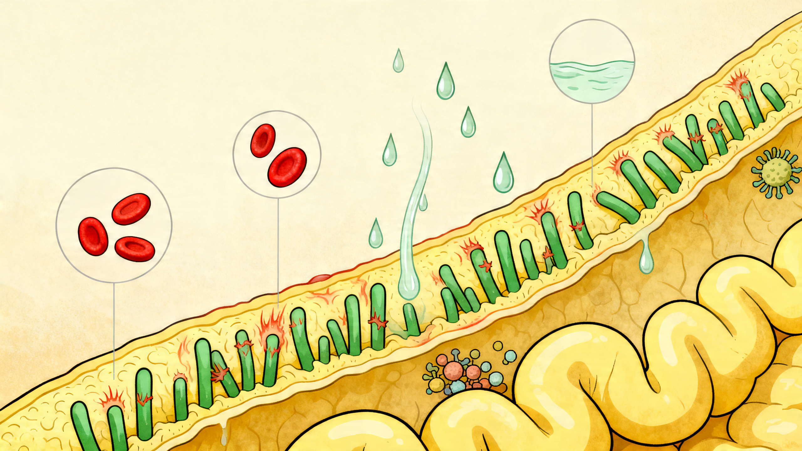 Lesões na mucosa intestinal dificultam a absorção de ferro e vitaminas.