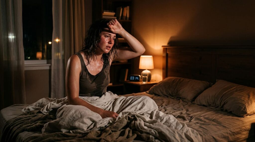 Suor noturno excessivo não é apenas calor. É um sinal fisiológico de que seu equilíbrio hormonal pode estar alterado