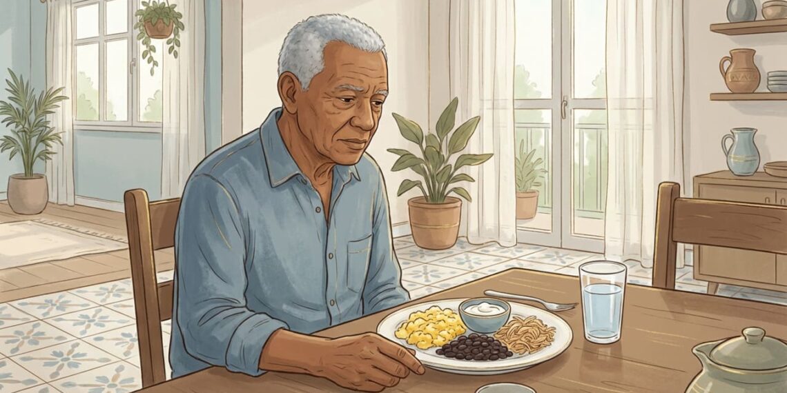 O que acontece com a absorção de proteína quando o intestino do idoso apresenta inflamação celular?