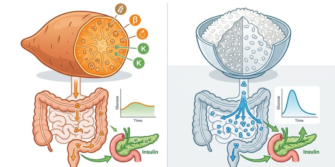 Segundo especialistas, a batata-doce oferece um índice glicêmico e um perfil nutricional superior ao do arroz branco para quem busca energia estável