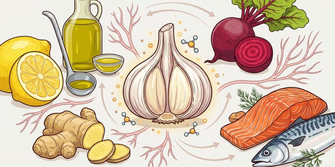 Com que alimentos devo combinar o alho para promover a saúde do coração e reduzir a pressão arterial?