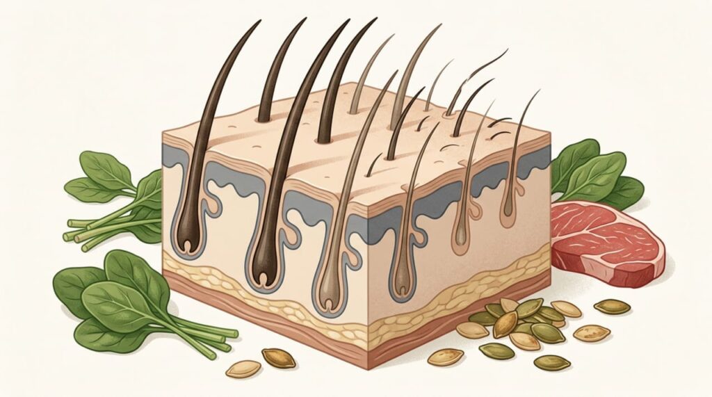 Biotina, ferro ou zinco: qual priorizar quando o cabelo continua caindo apesar de uma alimentação rica em proteínas?