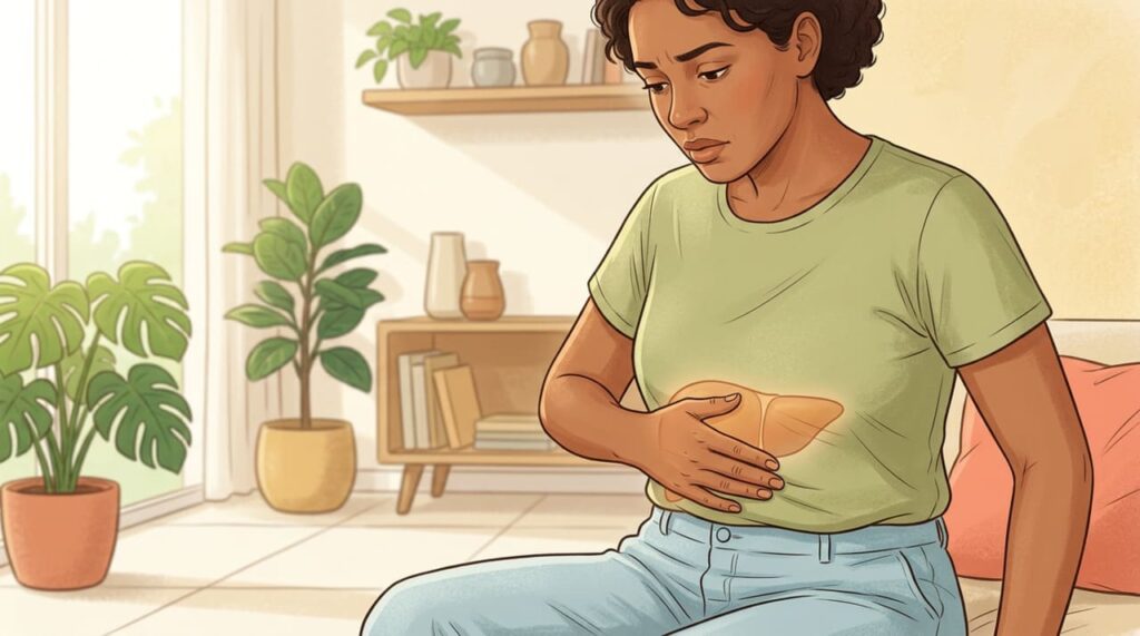 Como é a dor abdominal causada pelo fígado sobrecarregado e onde ela se localiza?