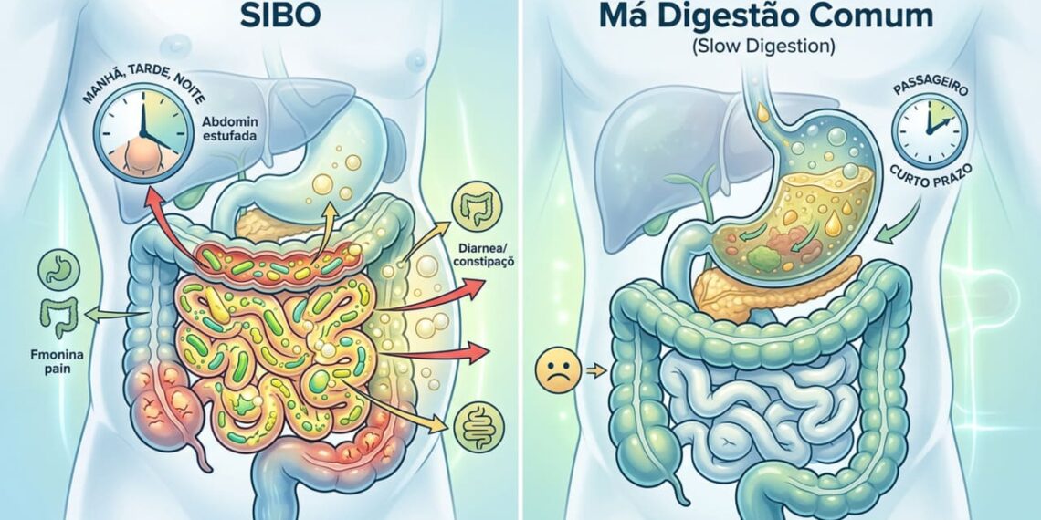 Como é o inchaço severo causado pelo supercrescimento bacteriano no intestino (SIBO) e como diferenciá-lo da má digestão comum