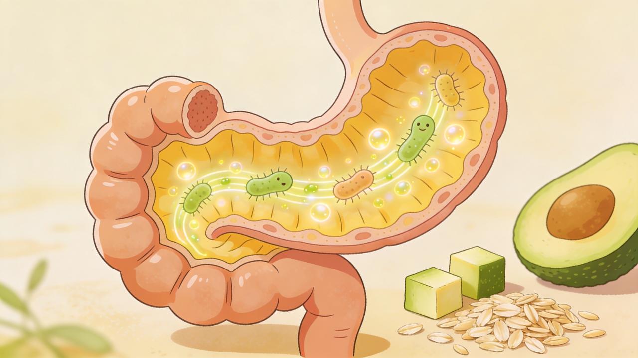Fibras do abacate alimentam bactérias benéficas e modulam a fermentação intestinal.