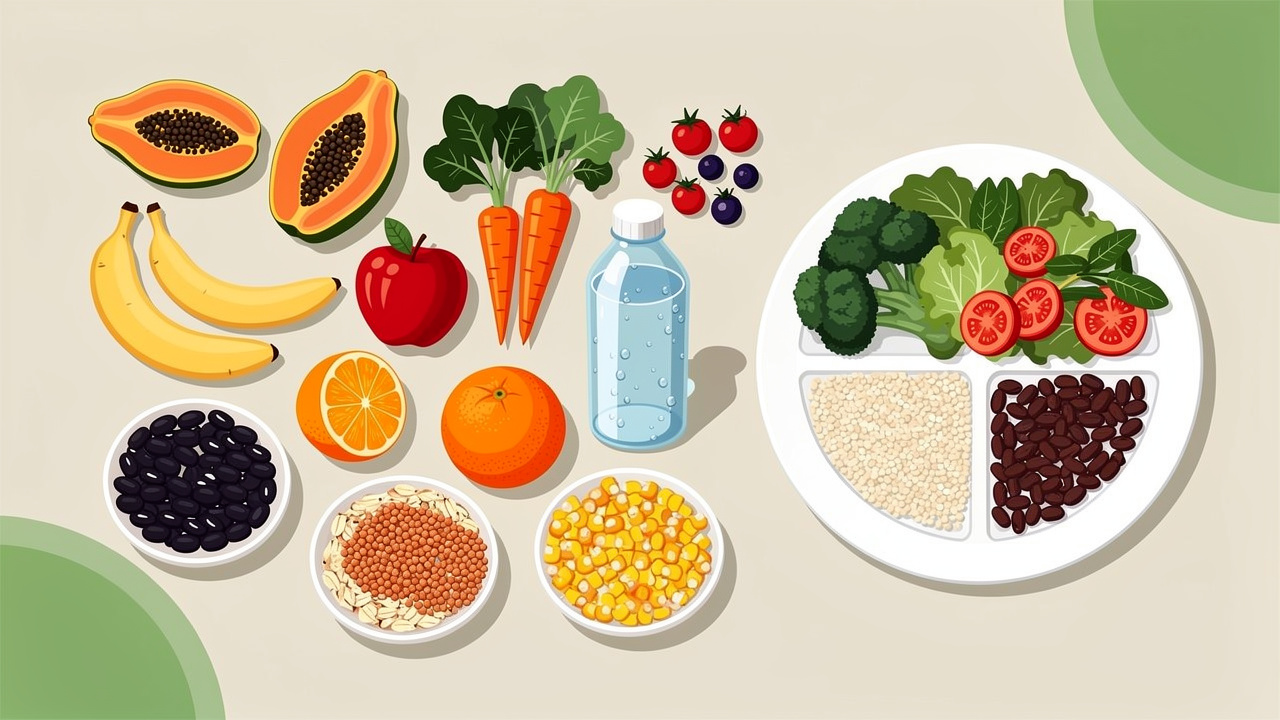 Alimentos naturais e prato equilibrado ilustram escolhas práticas de nutrição