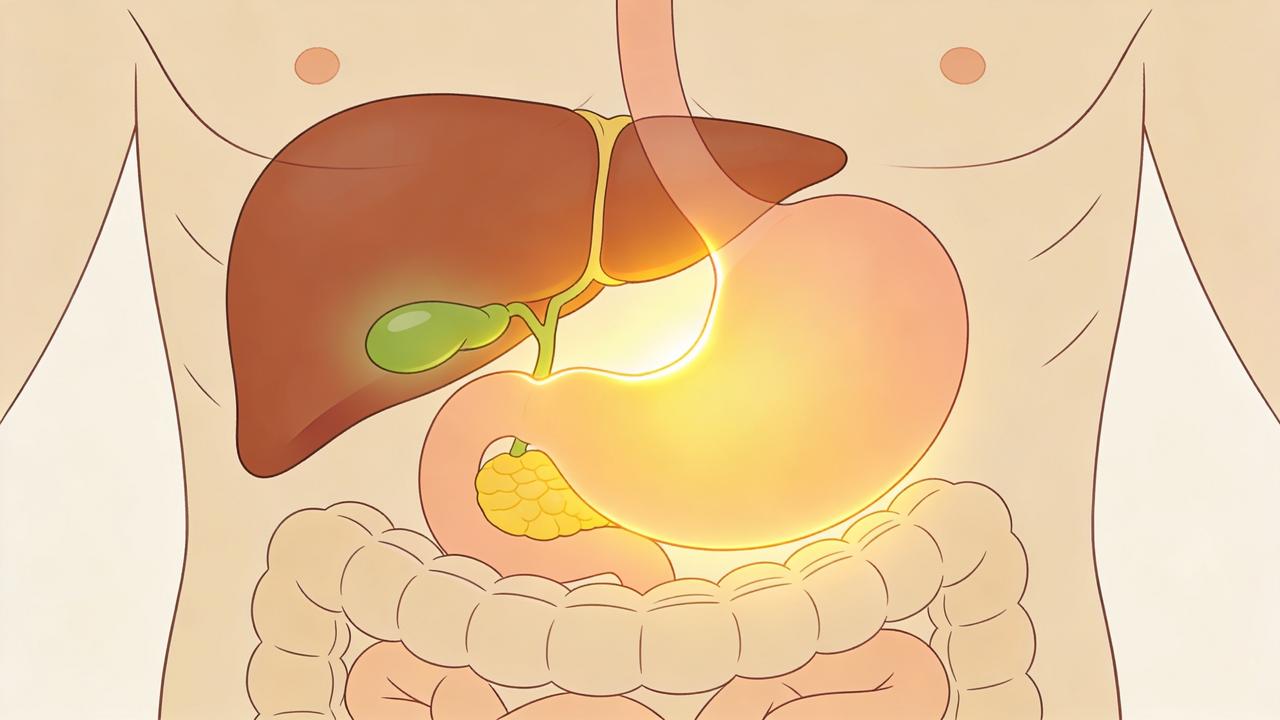 Comparação visual entre fígado, vesícula e estômago na dor abdominal.