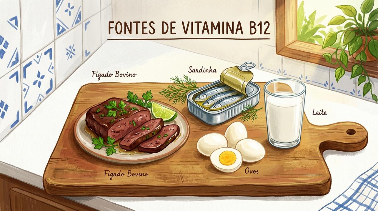 Fígado, sardinha, ovos e leite concentram vitamina B12 na alimentação.