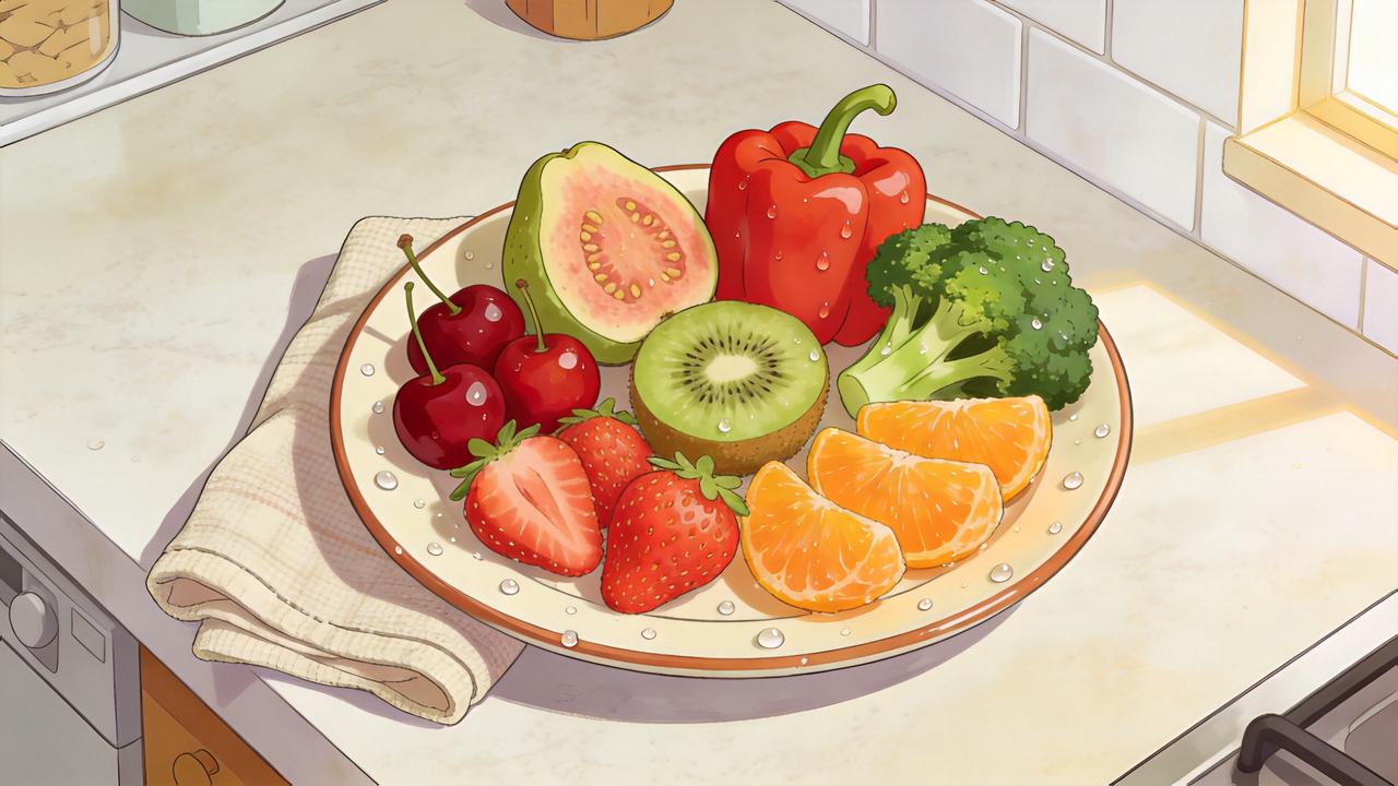 Frutas e vegetais ricos em vitamina C apoiam a defesa respiratória.