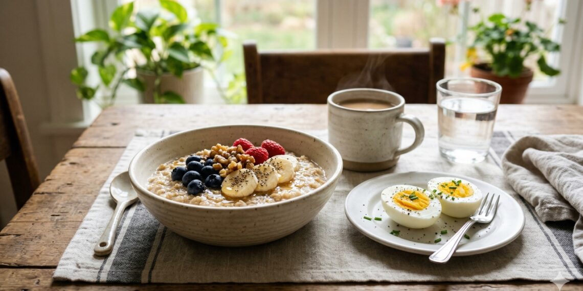 Aveia e ovos lado a lado mostram como equilibrar fibras e proteínas no café da manhã.