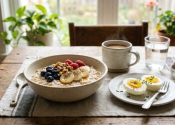 Aveia e ovos lado a lado mostram como equilibrar fibras e proteínas no café da manhã.