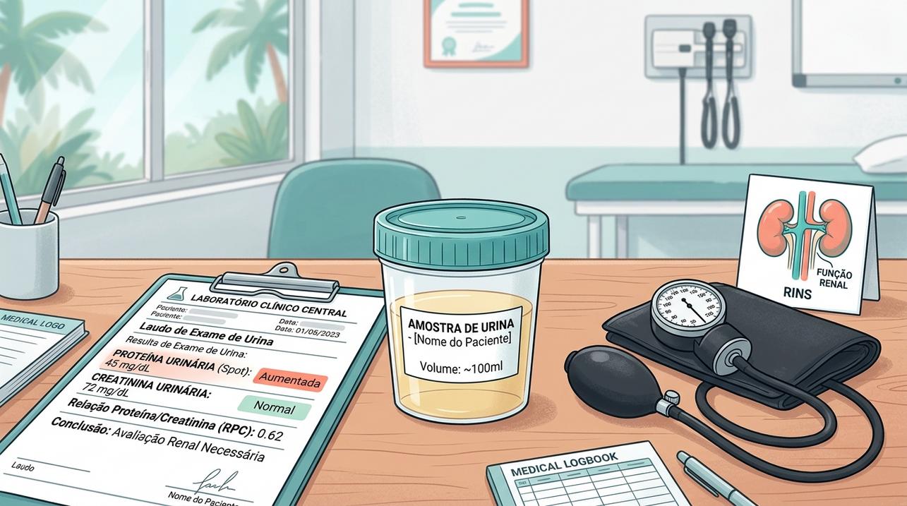 Exames de urina ajudam a medir proteinúria e avaliar função renal.