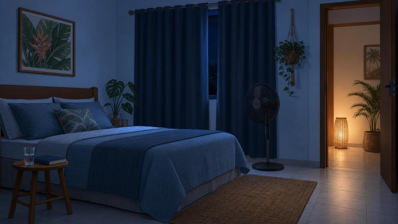 Quarto escuro, silencioso e fresco favorece o sono após despertar noturno.