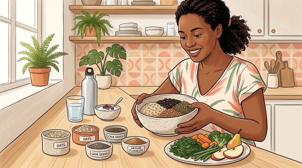 Qual o efeito do consumo diário de fibras na saúde do intestino e no controle do peso em pessoas com alimentação irregular?