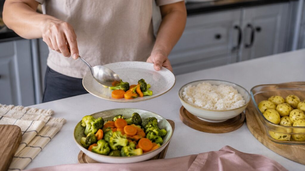 Começar por fibras e proteínas torna a refeição mais estratégica sem cortar carboidratos.