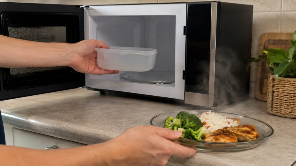 Evitar aquecer comida em plástico é uma escolha simples para diminuir o contato com partículas indesejadas.
