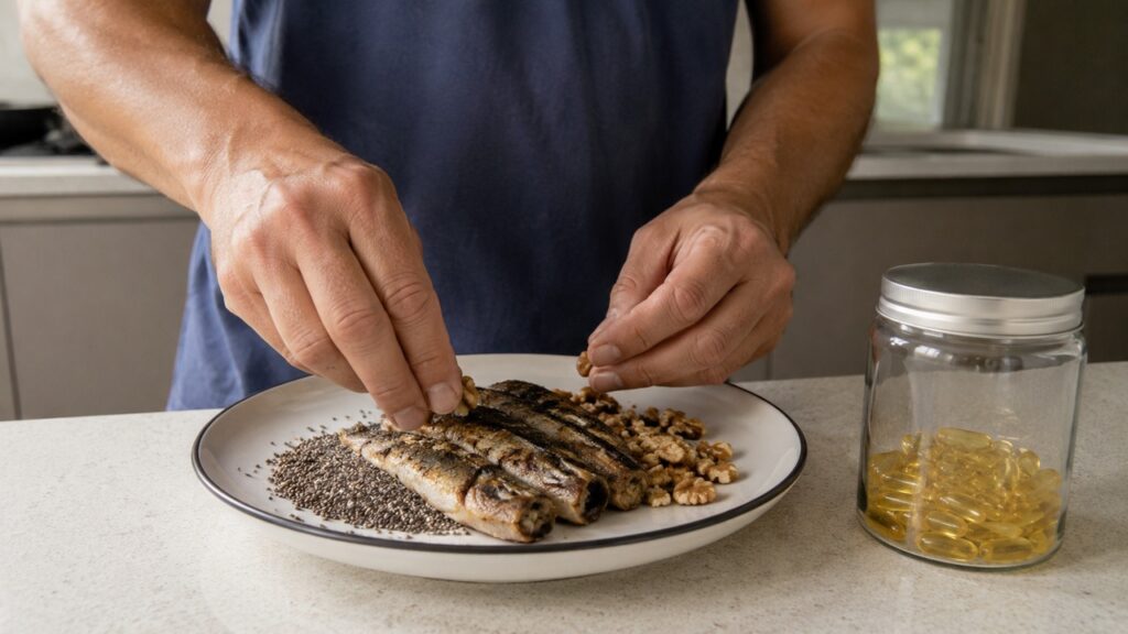 Fontes alimentares de ômega-3 podem ser priorizadas antes do uso de suplementos concentrados.