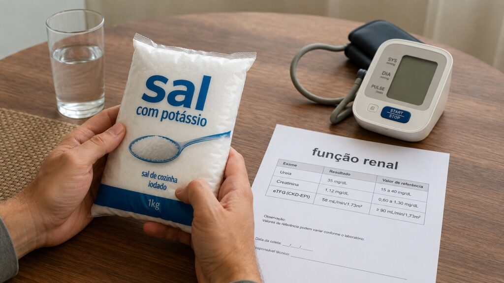 Sal com potássio pode ajudar na pressão, mas exige cuidado em pessoas com risco renal.