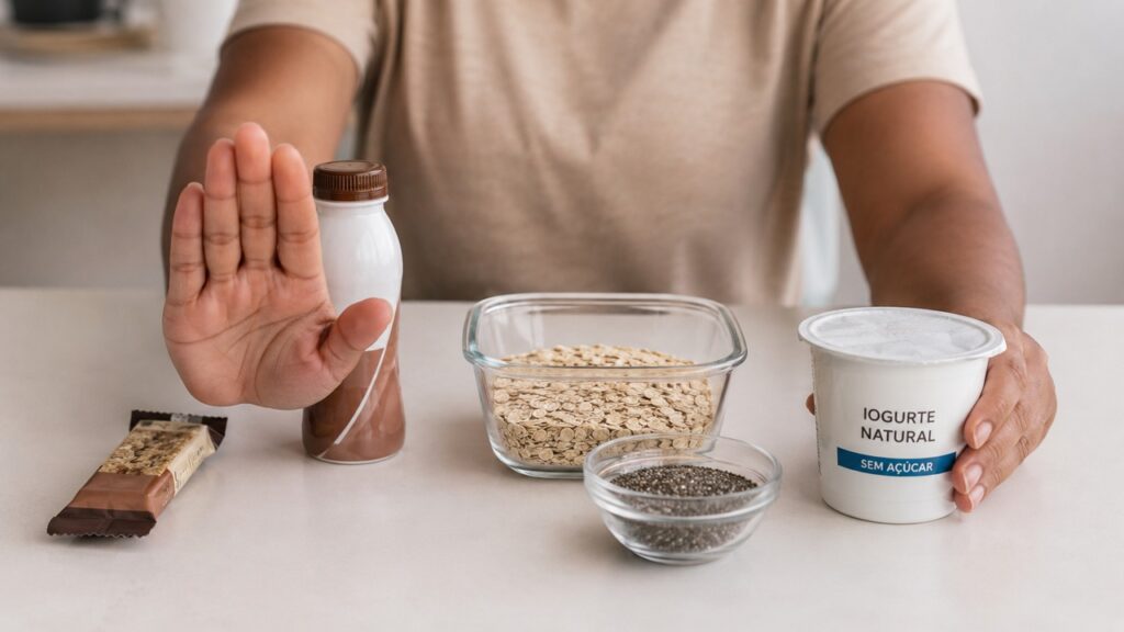 Trocar ultraprocessados por alimentos simples ajuda a montar um café da manhã mais estável.