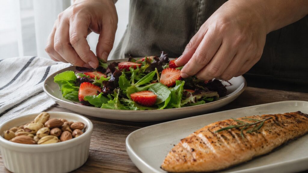 Folhas verdes, frutas vermelhas e alimentos frescos ajudam a compor um padrão alimentar mais protetor.