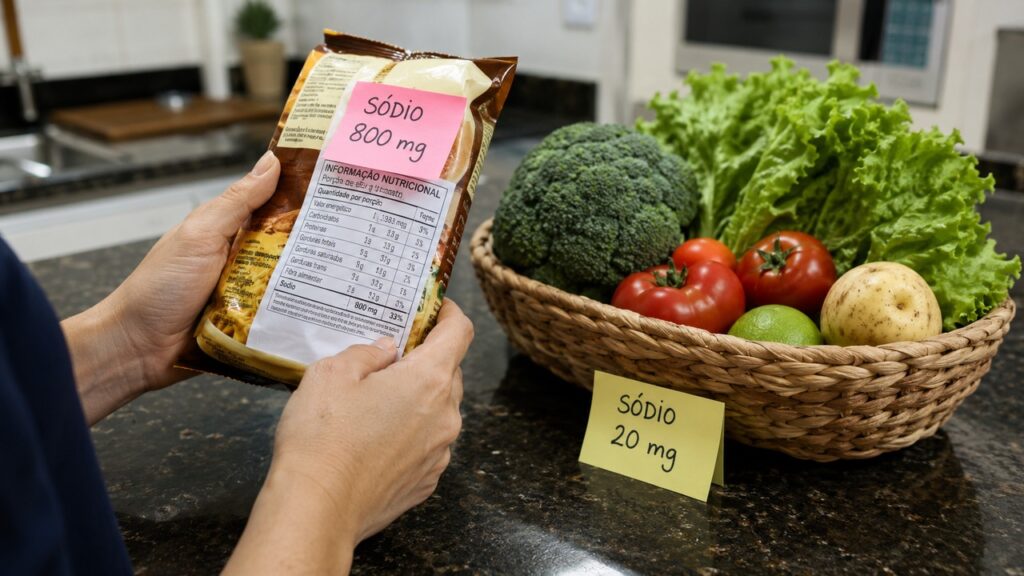 Ler rótulos e reduzir ultraprocessados ajuda a diminuir o sódio da alimentação.
