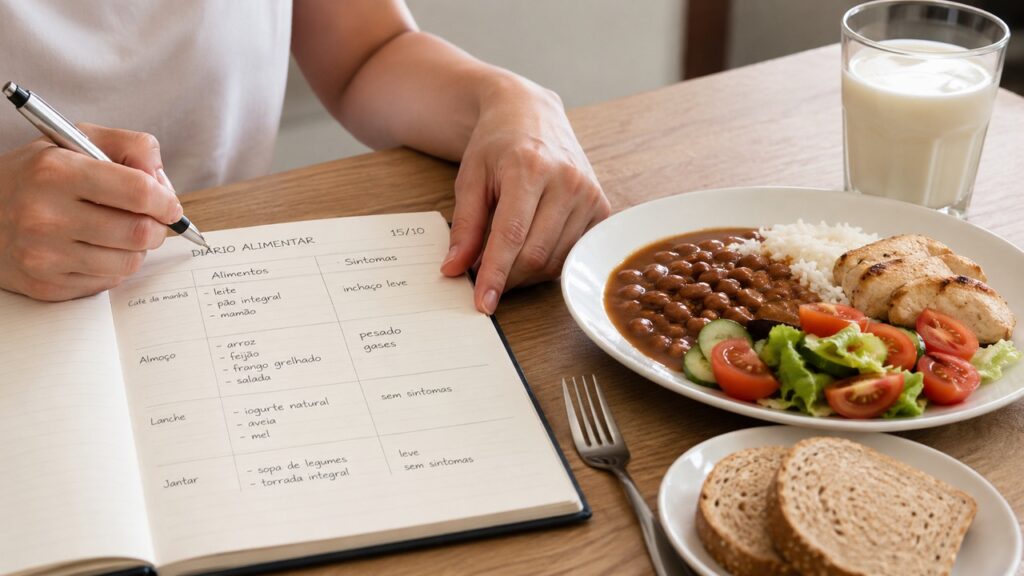 Registrar alimentos e sintomas ajuda a identificar gatilhos como lactose, FODMAPs ou constipação.