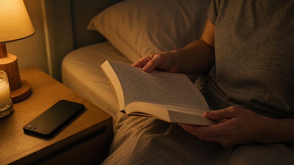 Trocar a tela por uma leitura leve pode reduzir estímulos antes de deitar.