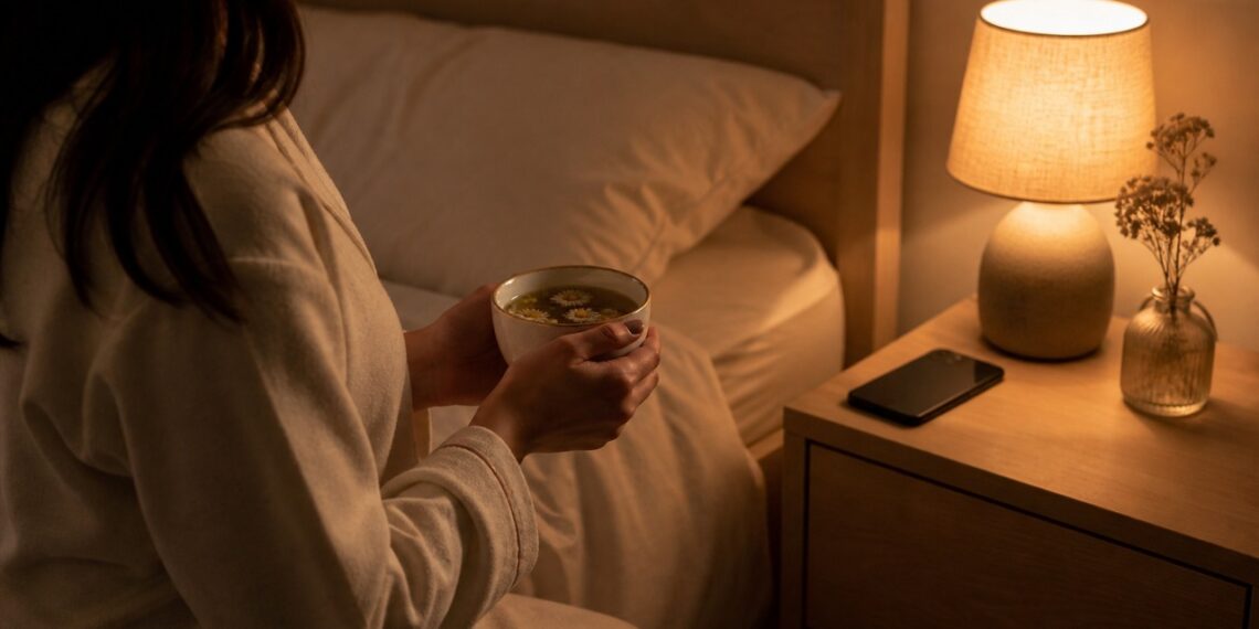 Uma xícara de camomila à noite pode ajudar a desacelerar sem substituir bons hábitos de sono.