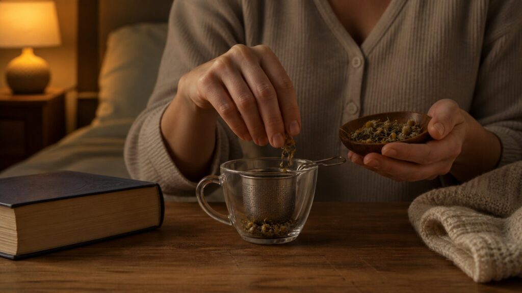 Preparar a camomila com calma ajuda a criar um sinal de descanso antes de deitar.
