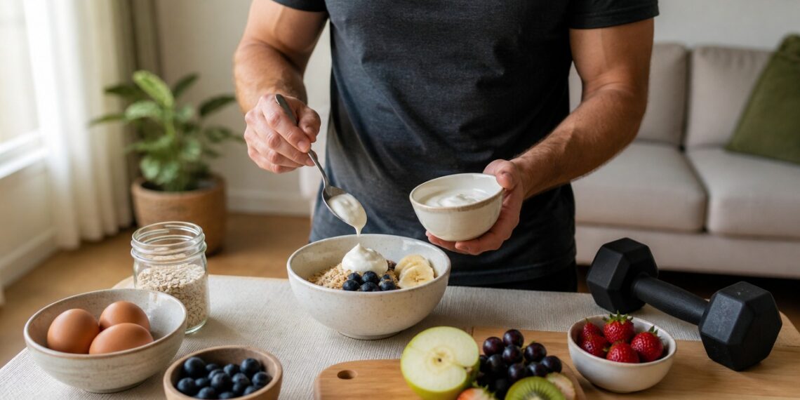 Um café da manhã com boa proteína ajuda a apoiar músculos e força ao longo do envelhecimento.
