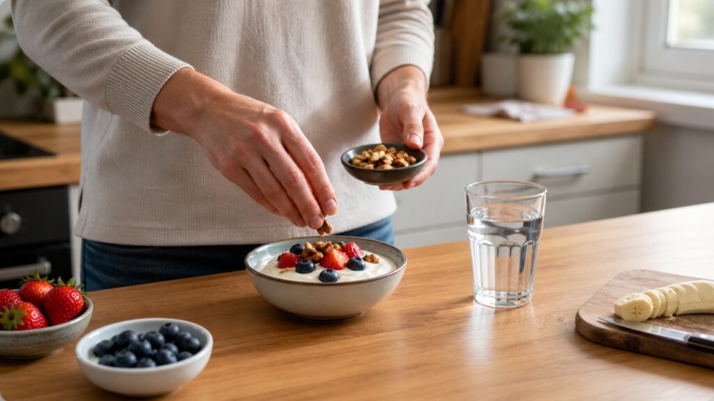 Um lanche com proteína e fibras ajuda a manter a energia mais estável ao longo da tarde.