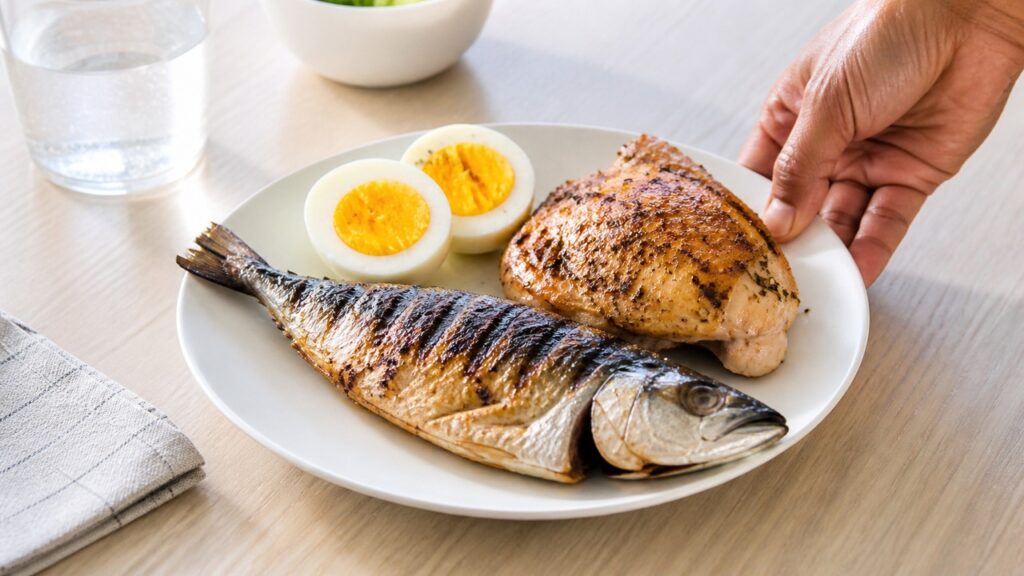 Alimentos proteicos ajudam a incluir taurina naturalmente em uma rotina voltada à saúde muscular.