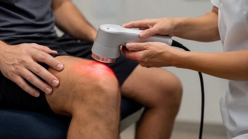 A aplicação localizada de luz vermelha pode apoiar a recuperação tecidual e o alívio de dores persistentes.