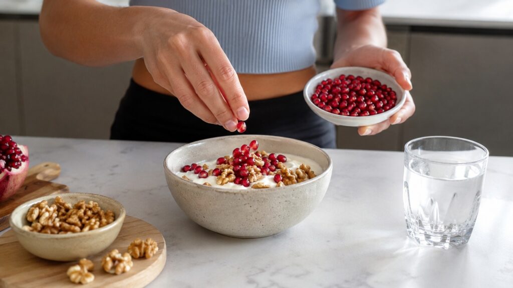 Romã, nozes e uma alimentação rica em fibras ajudam a fornecer compostos ligados à produção de urolitina A.