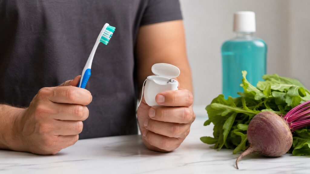 Higiene bucal adequada e vegetais ricos em nitrato podem conviver com cuidados para a pressão arterial.